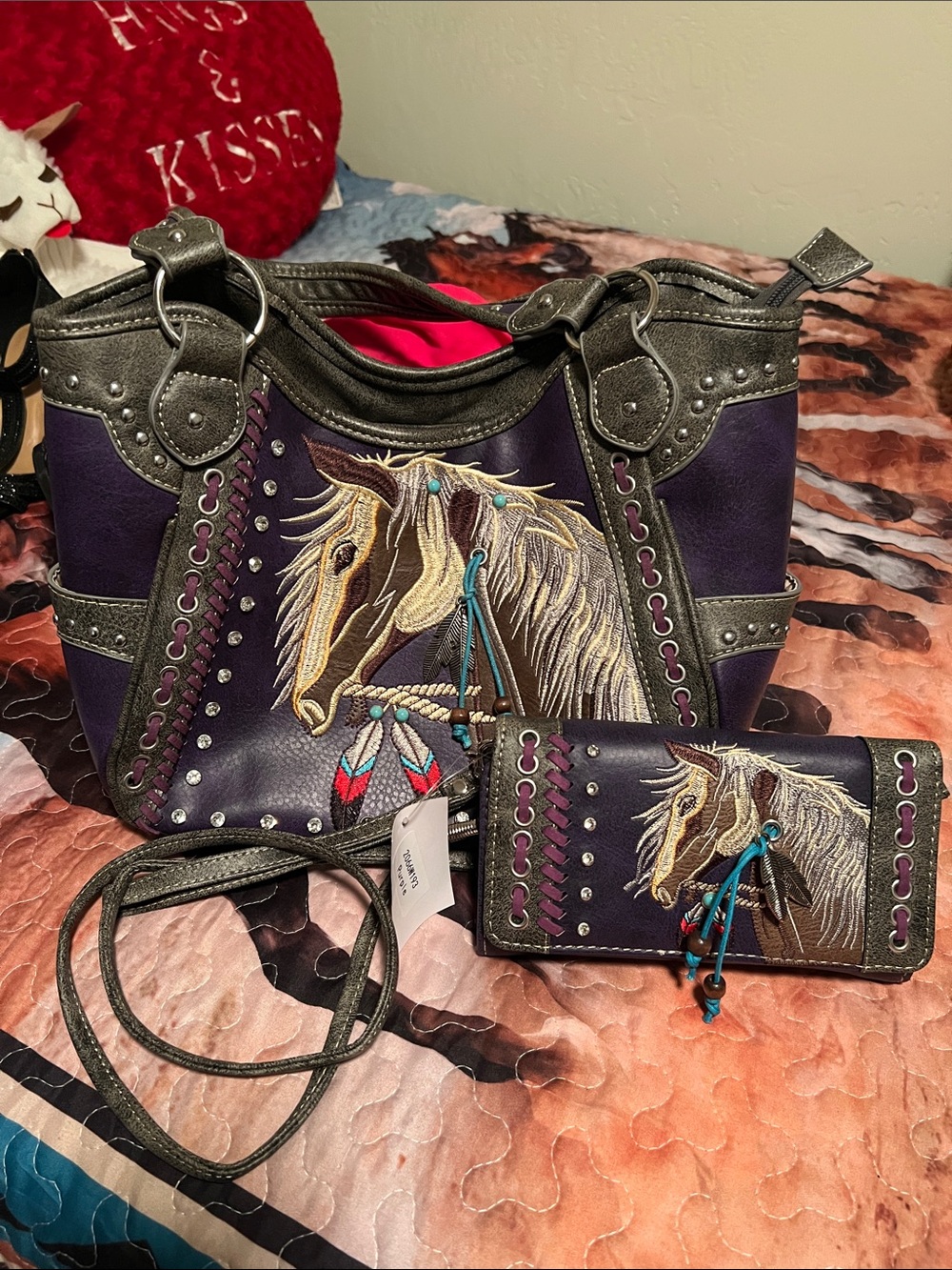 Purple Horse-Embroidered Women’s Tote Bag and Wallet Set